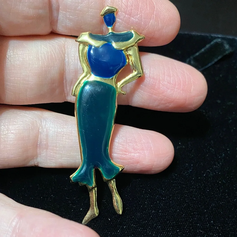 Elegant vintage Gold woman with blue and green accented Fashion Brooch pin